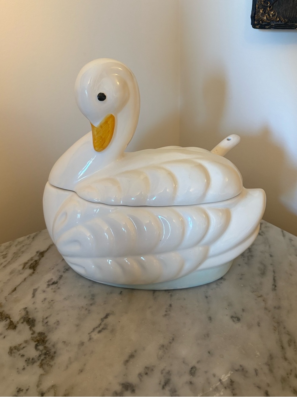 Vintage White Ceramic Swan Serving Dish with Spoon
